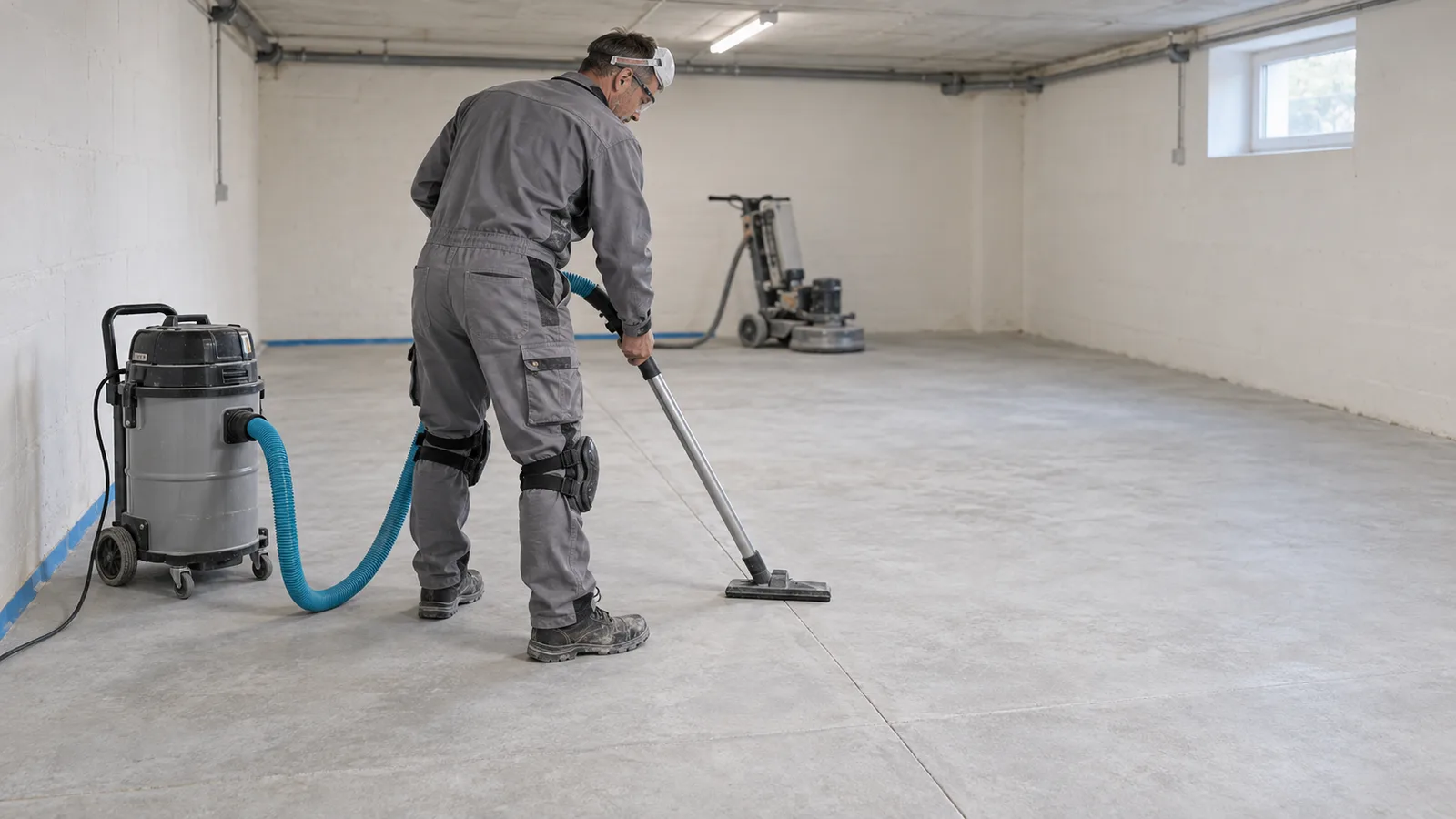 Aspiration de la poussière de ponçage sur une dalle de béton dans un sous-sol