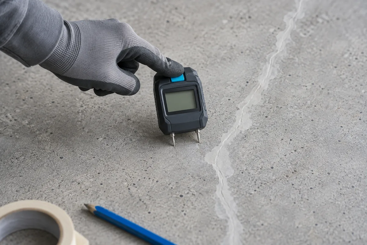 Contrôle de l'humidité d'une dalle béton avec un humidimètre avant l'application de résine