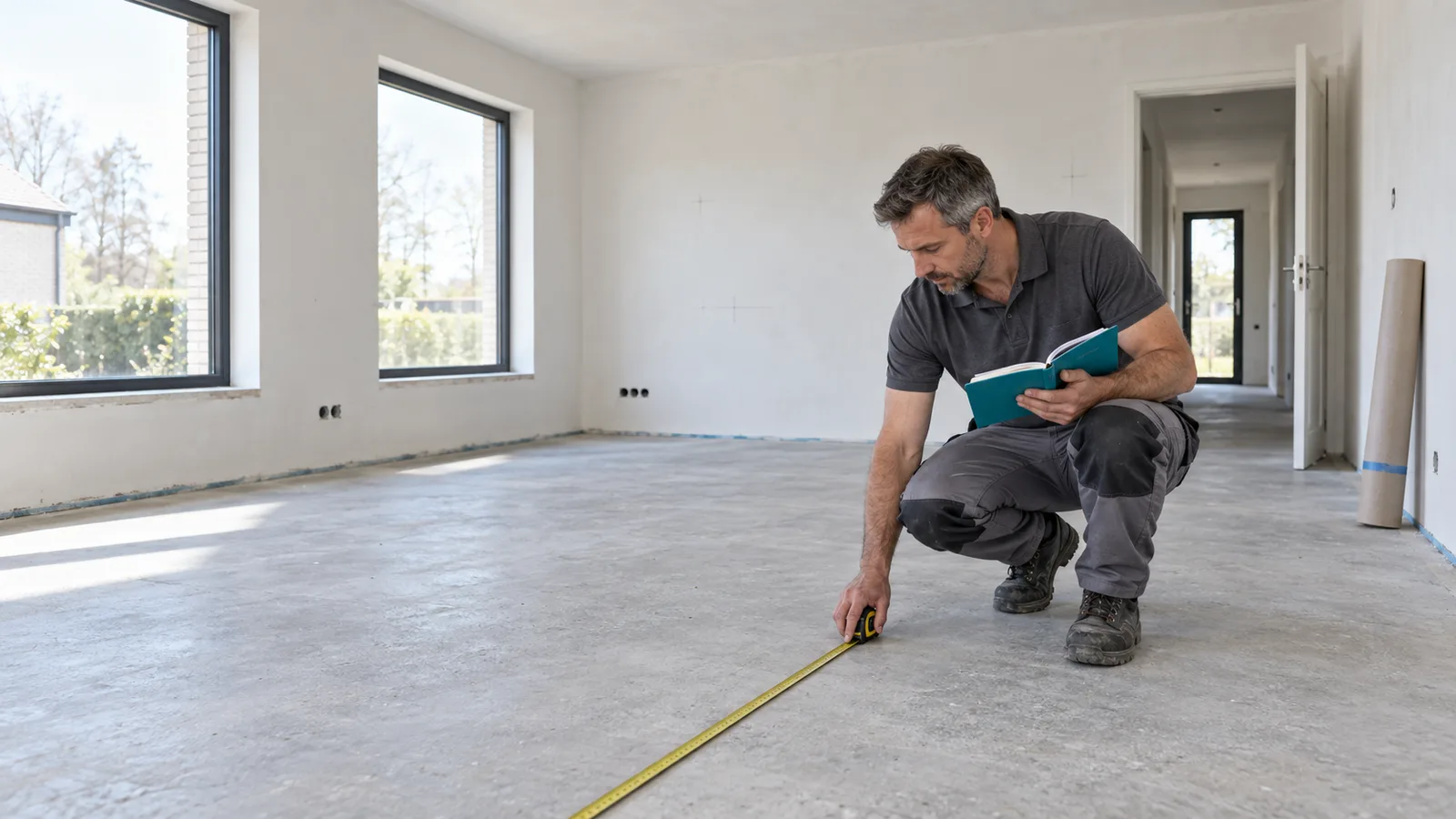 Artisan mesurant une dalle de béton lors d'une visite de devis dans une maison