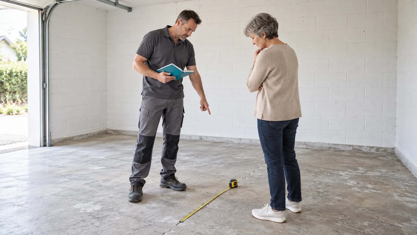 Artisan et propriétaire discutant d'un devis de sol en résine dans un garage