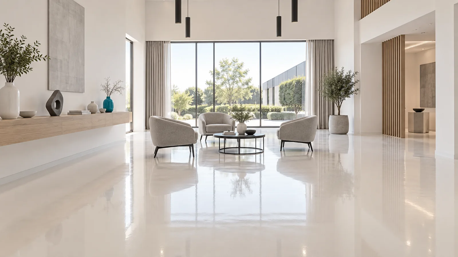 Showroom lumineux avec un sol en résine brillante et du mobilier d'exposition épuré