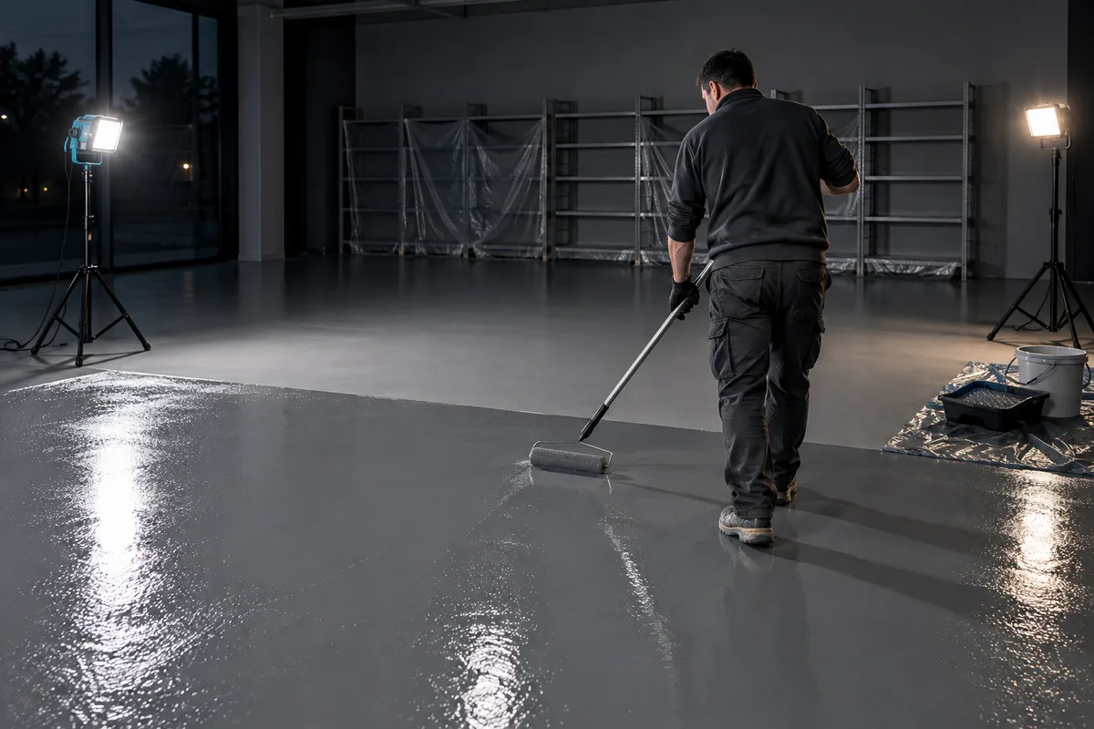 Application de résine au rouleau dans un commerce en soirée, éclairage de chantier