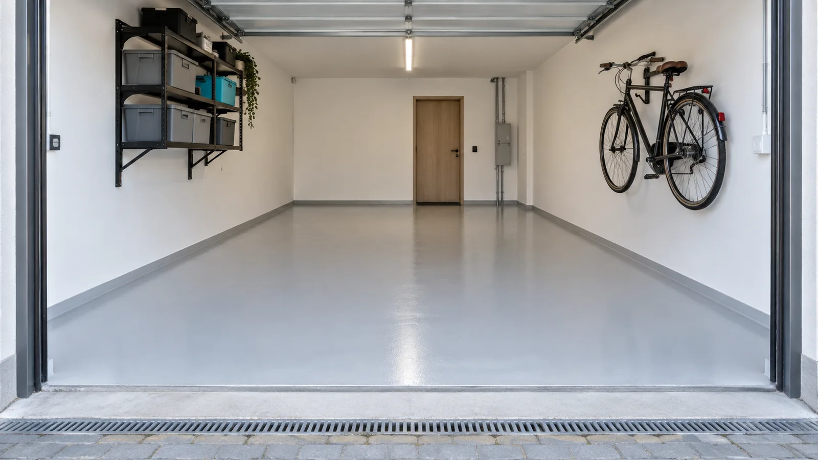 Garage résidentiel avec un sol en résine époxy gris clair brillant